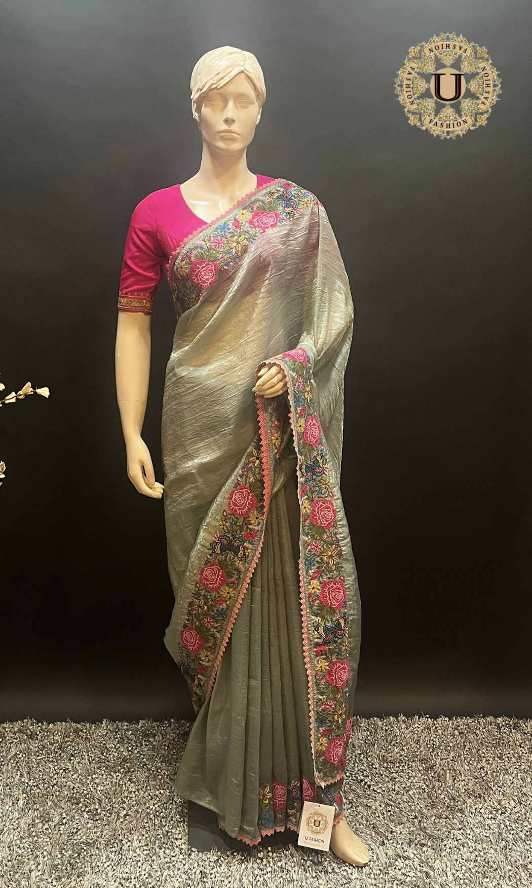 Grey Glass Tissue Floral Embroidery Saree