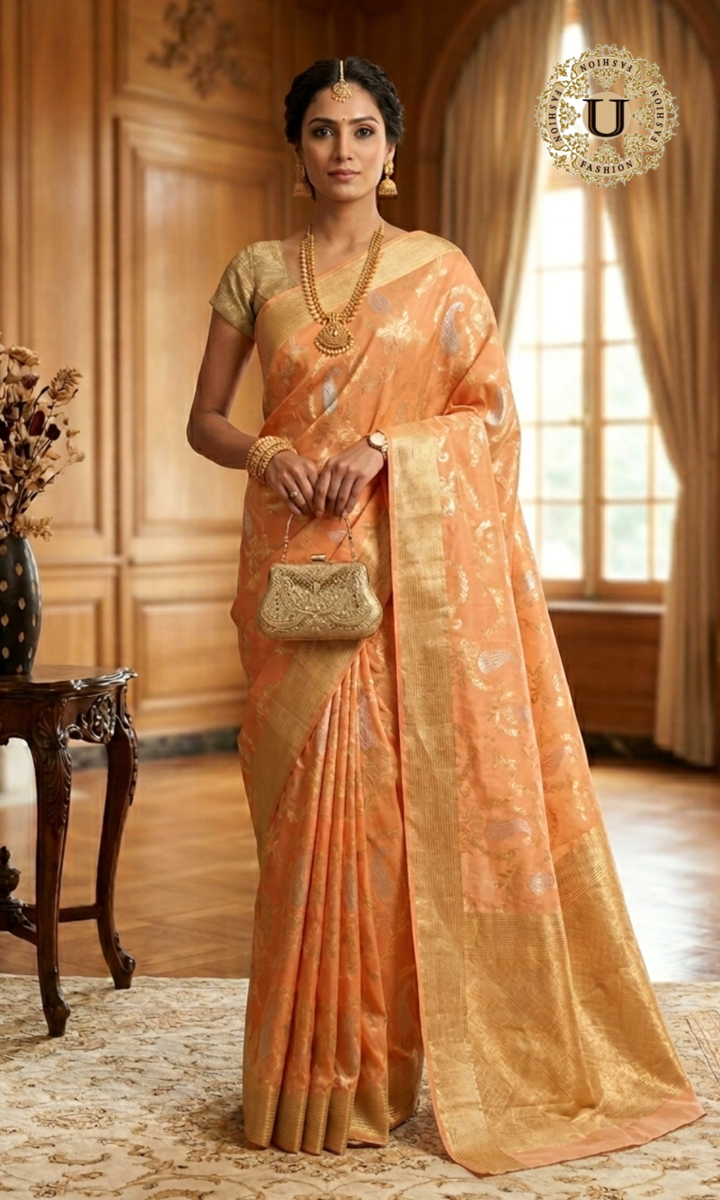 Light Orange Banarasi Georgette Saree with Gold & Silver Zari