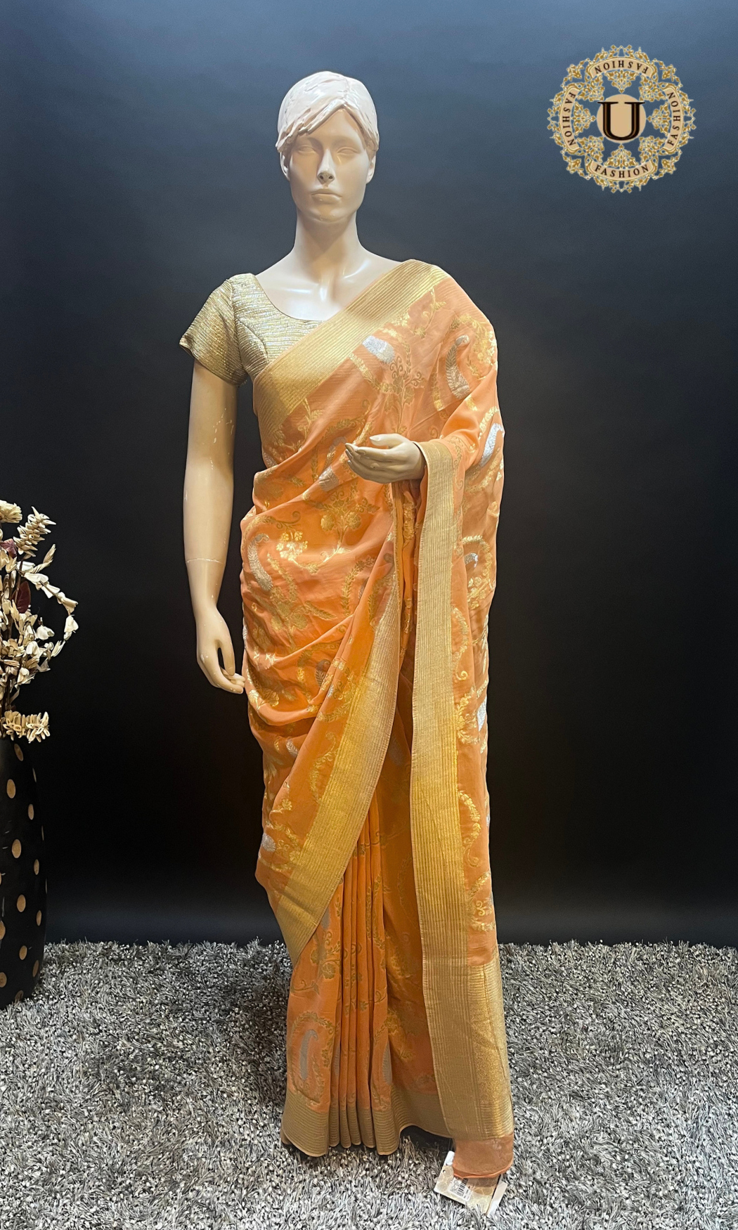 Light Orange Banarasi Georgette Saree with Gold & Silver Zari