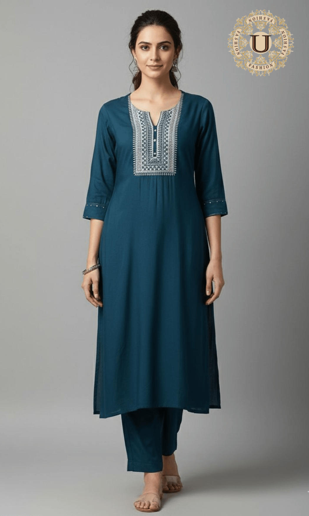 Teal Blue Sequins Blended Crepe Kurti with Trouser M U fashion
