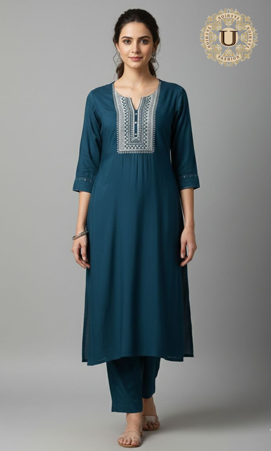 Teal Blue Sequins Blended Crepe Kurti with Trouser
