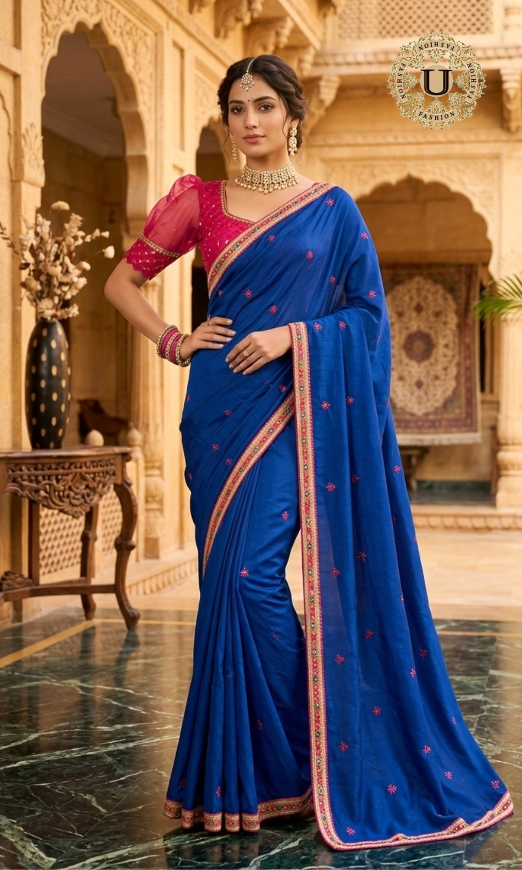 Royal Blue Silk Embroidered Silk Saree
