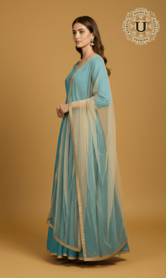 Aqua Blue Embroidered Ethnic Gown U fashion