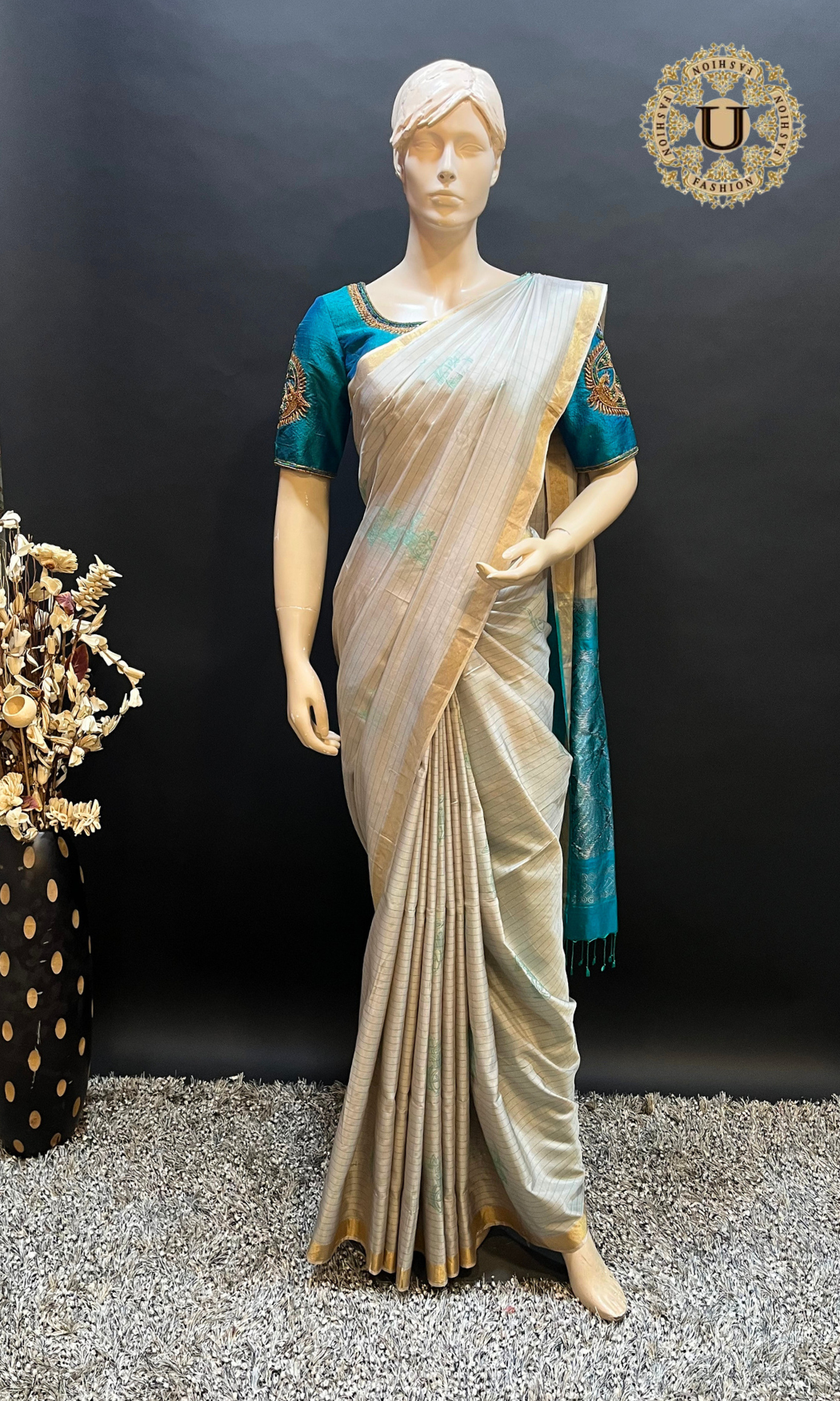 Faun with Blue Pallu Silk Saree