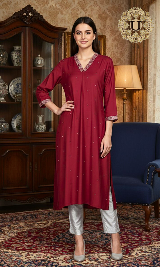 Maroon Blended crape V Neck Long Kurti