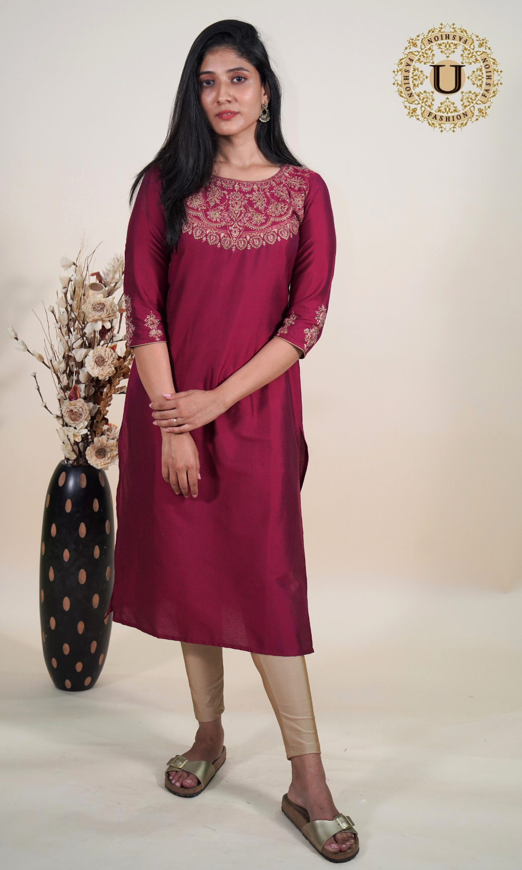 Burgandy Spun Zari yoke Long Kurti