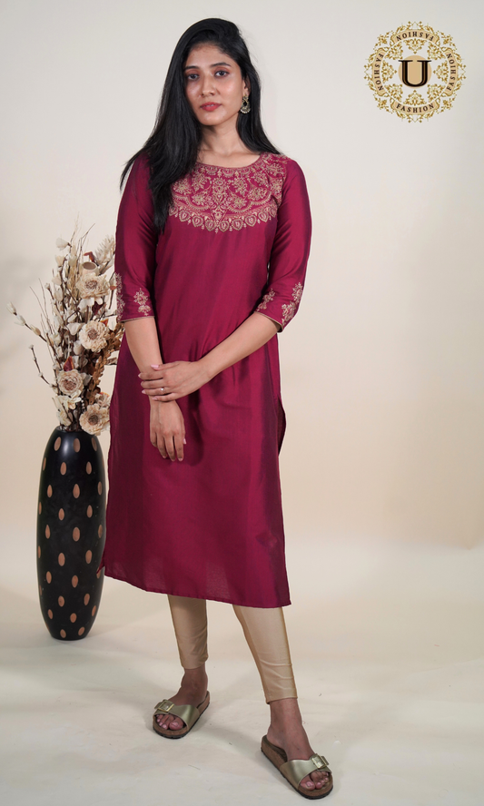 Burgandy Spun Zari yoke Long Kurti
