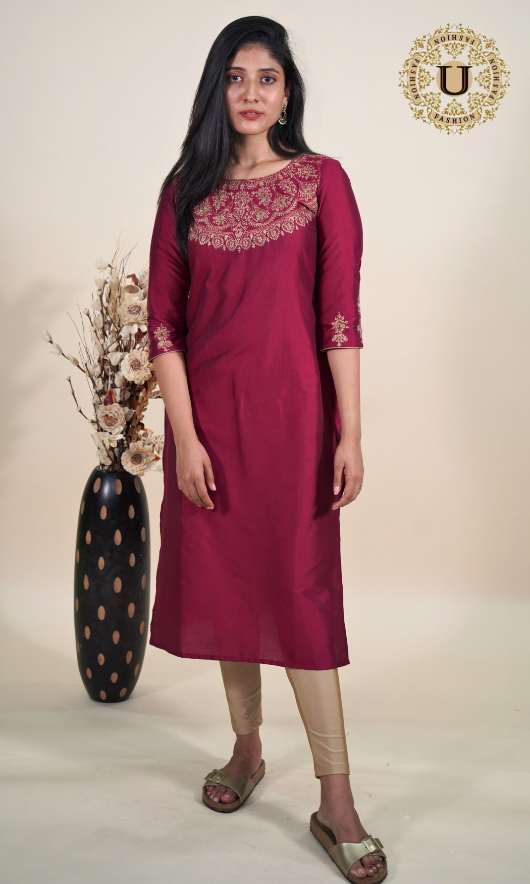 Burgandy Spun Zari yoke Long Kurti
