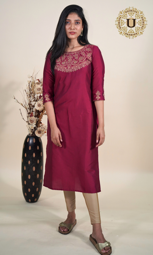 Burgandy Spun Zari yoke Long Kurti