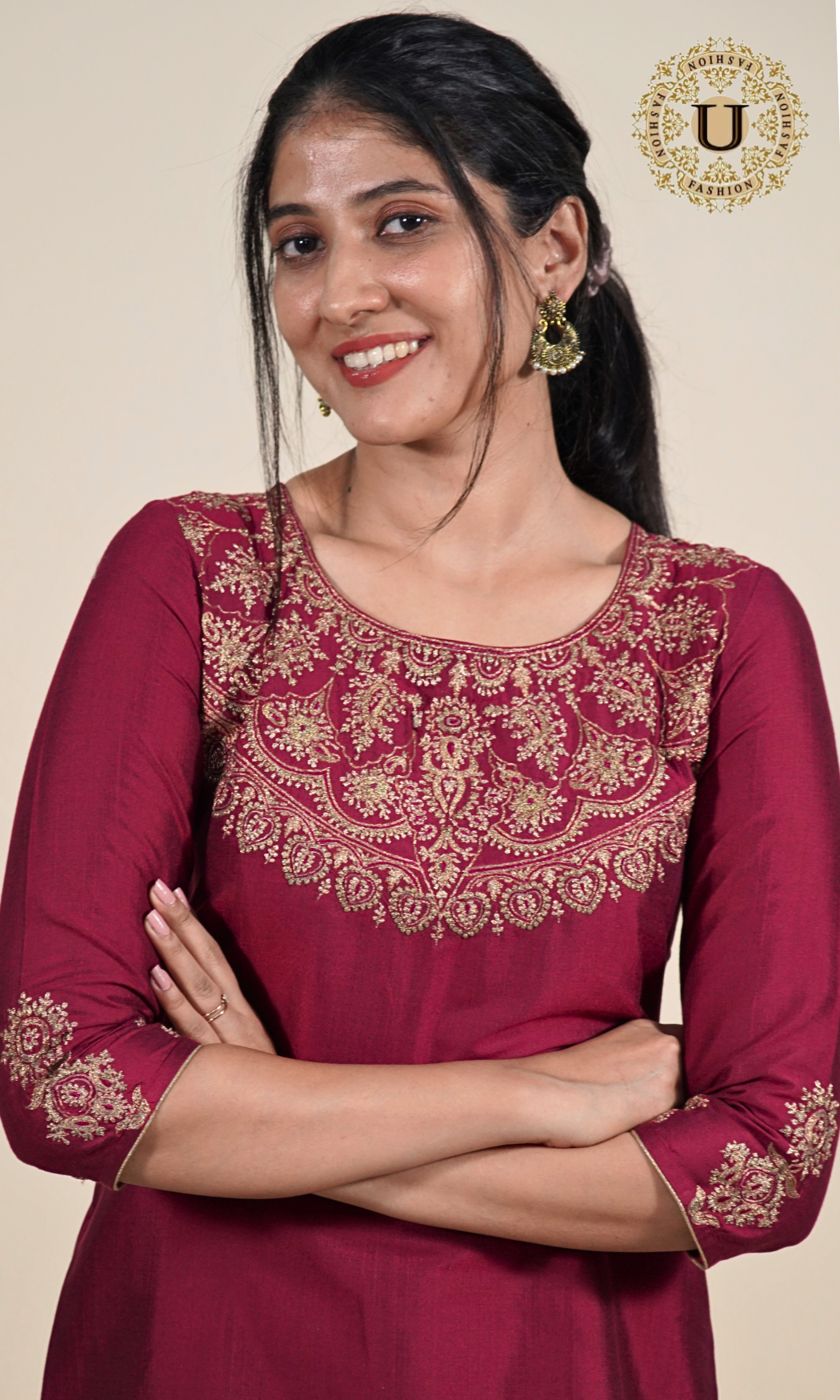 Burgandy Spun Zari yoke Long Kurti