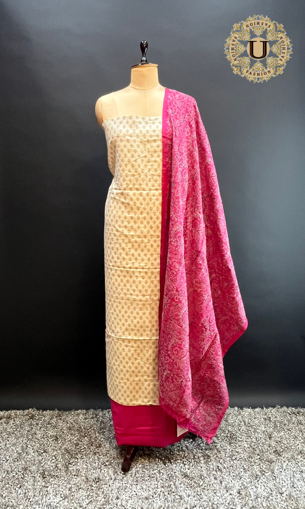 Cream Geecha Silk Block printed Kanta Work Dupatta Un-stitched Suit