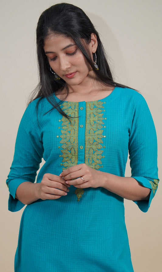Peacock Blue Applique Work Cotton Kurti