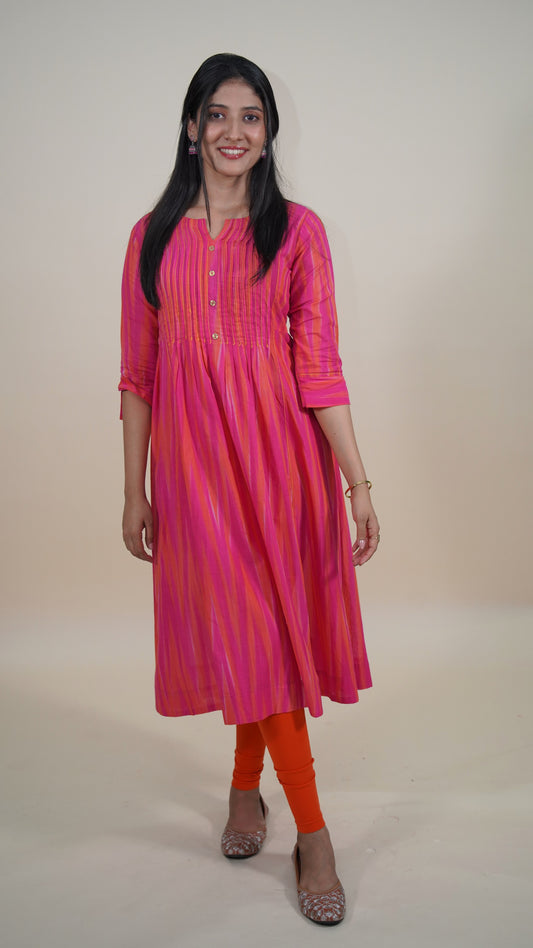 Fuschia pink woven cotton pleated long kurti