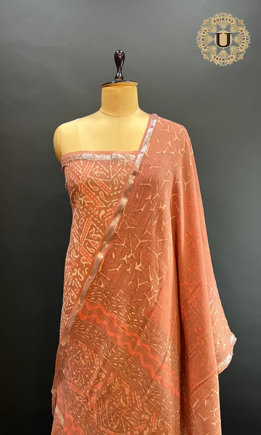 DUSTY PEACH BLOCK PRINTED COTTON UN STICHED SUIT