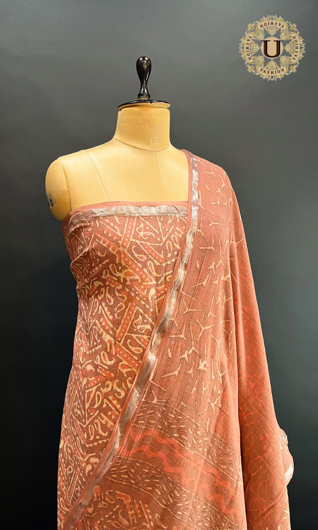 DUSTY PEACH BLOCK PRINTED COTTON UN STICHED SUIT