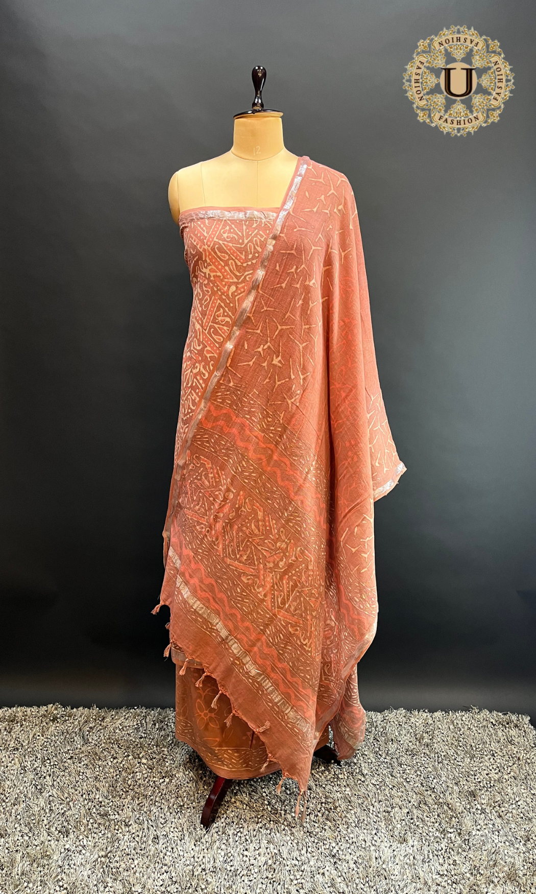DUSTY PEACH BLOCK PRINTED COTTON UN STICHED SUIT