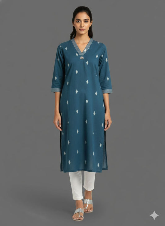 Blue Woven Cotton V neck Long Kurti