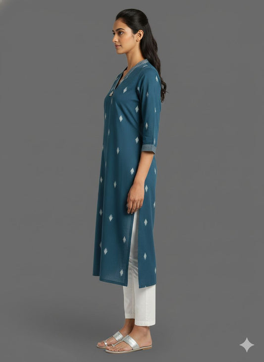 Blue Woven Cotton V neck Long Kurti