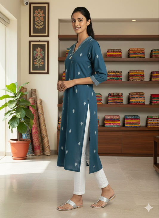 Blue Woven Cotton V neck Long Kurti