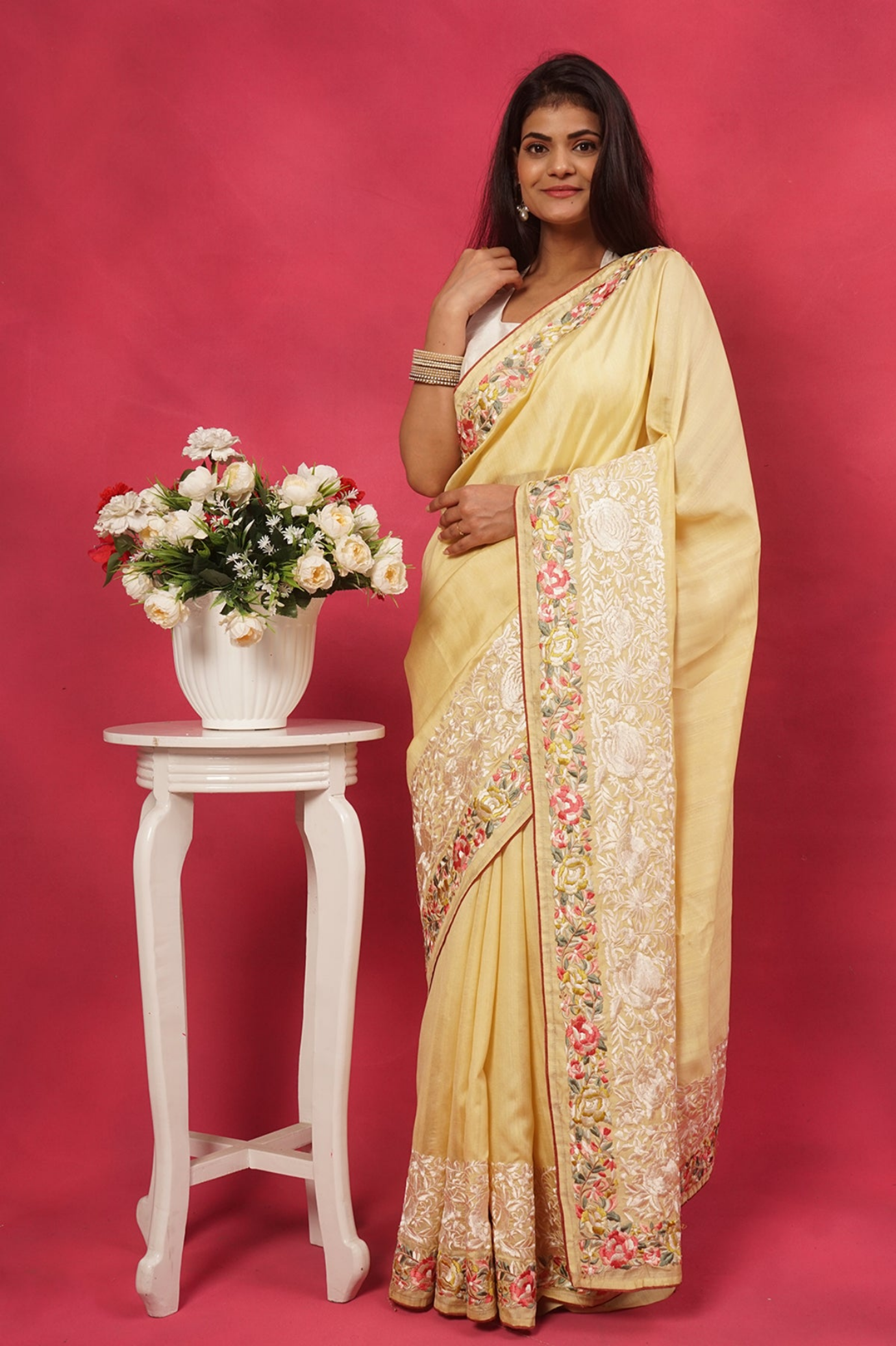 Silk cotton saree in Parsi floral border