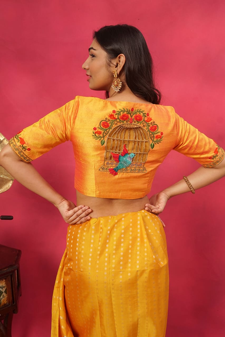 Orange raw silk bird thread work blouse