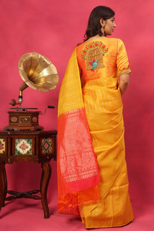 ORANGE RAW SILK BIRD THREAD WORK BLOUSE