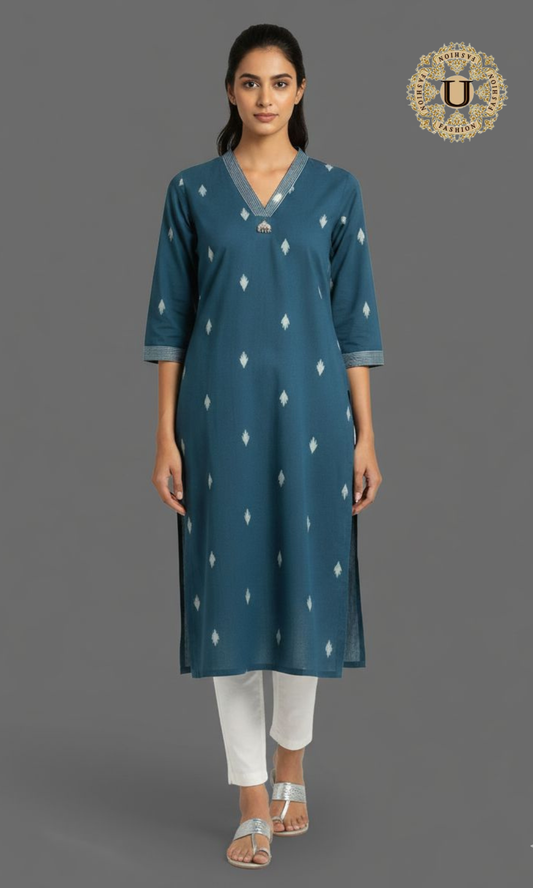 Blue Woven Cotton V neck Long Kurti