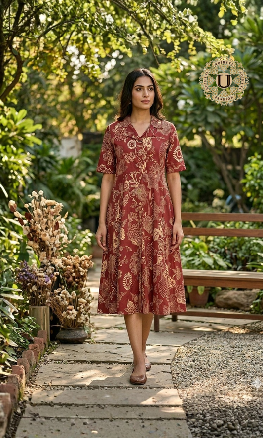 Rust Soft Cotton Indo-Western Flare Kurti with Big Prints