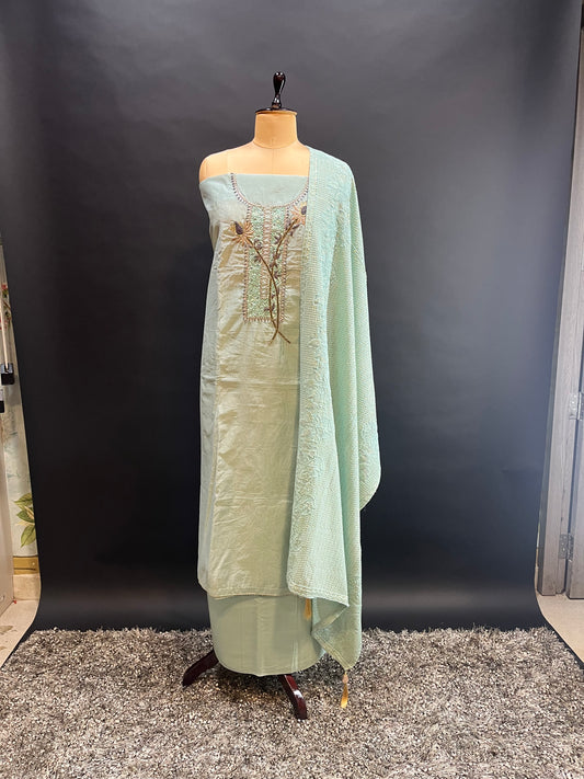 Light Pista Green Hand Embroidered Un-Stiched Suit