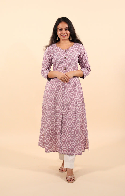 Lavender printed cotton panel-cut long kurti