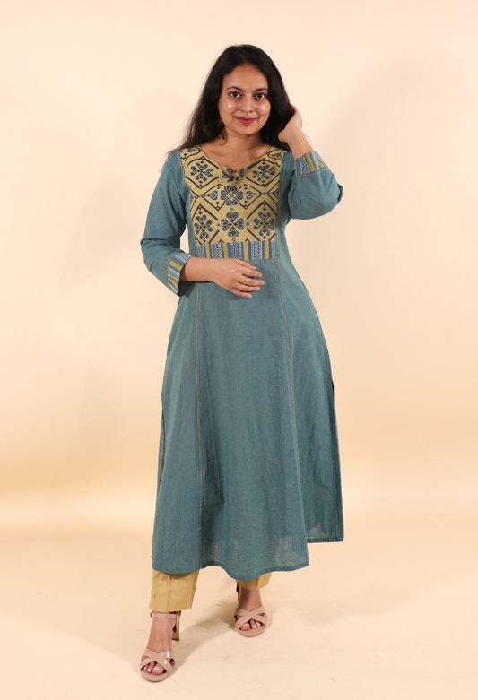 Blue cotton with yellow embellished yokelong kurti