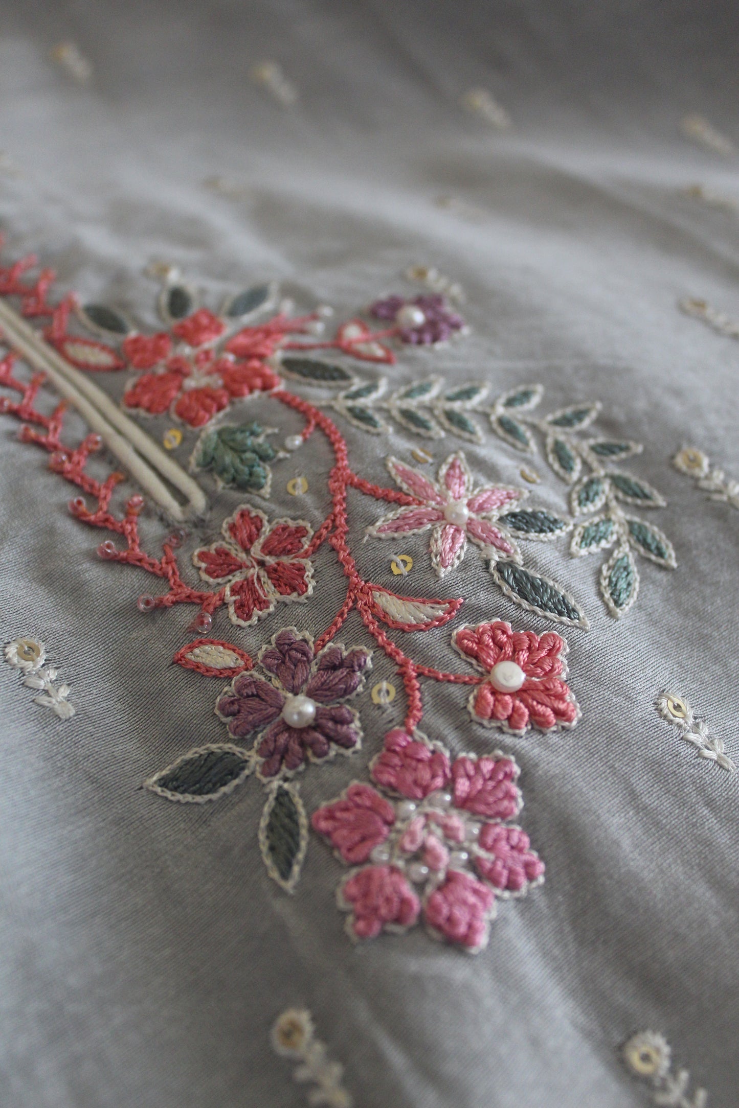 Grey Emroidered Cotton Silk Kurti with Trouser