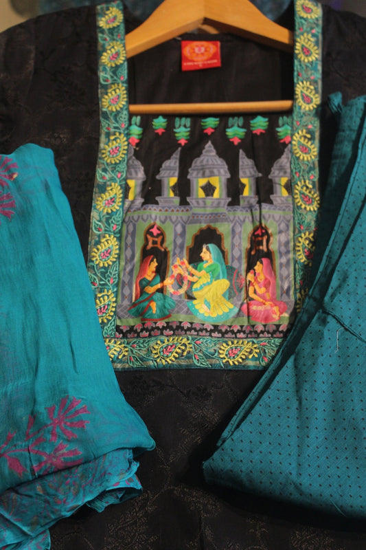 Black Cotton Jaquard Hand Painted Churidar set S U fashion