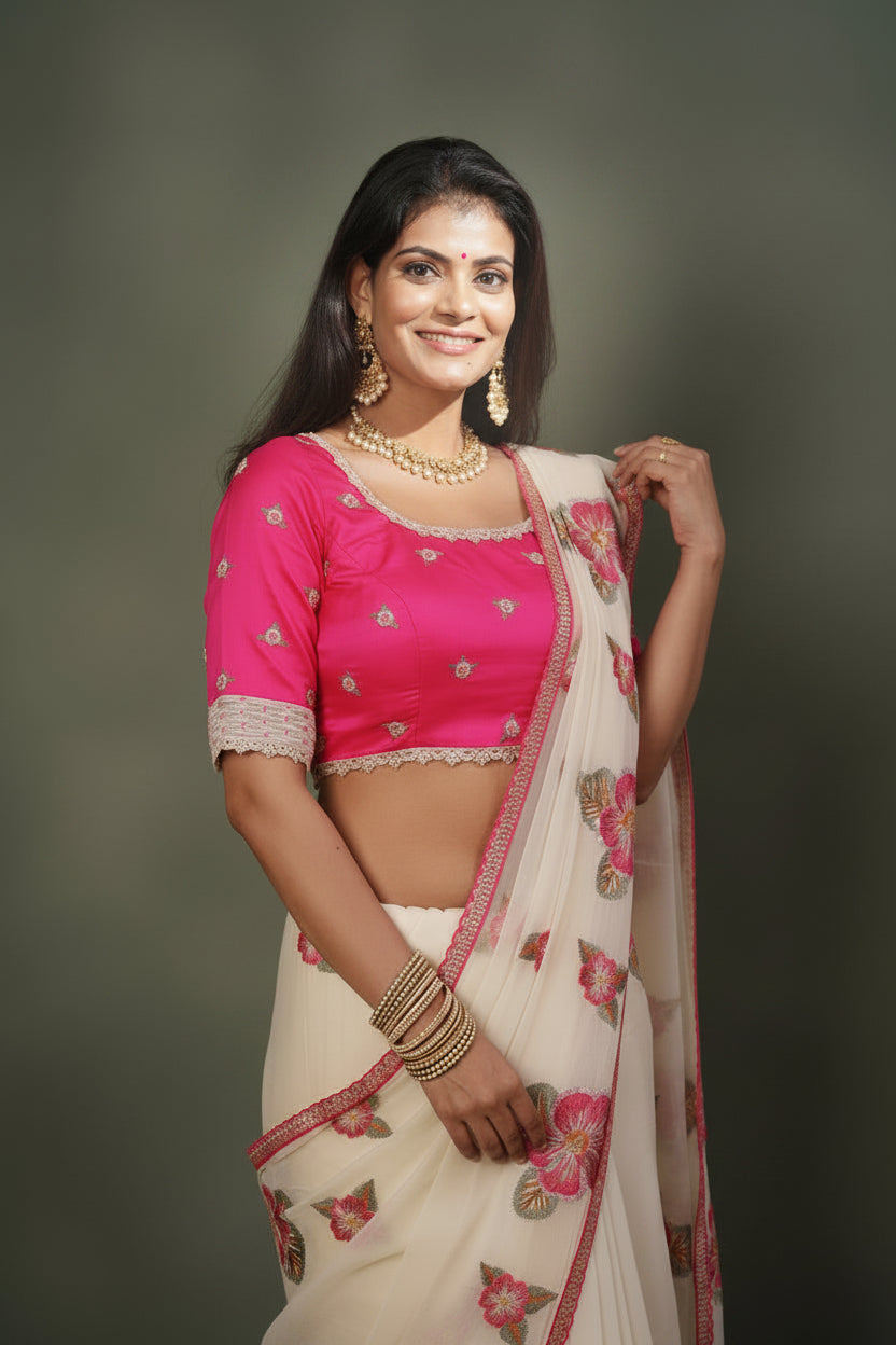 Off white organza floral embroidered saree with pink designer blouse