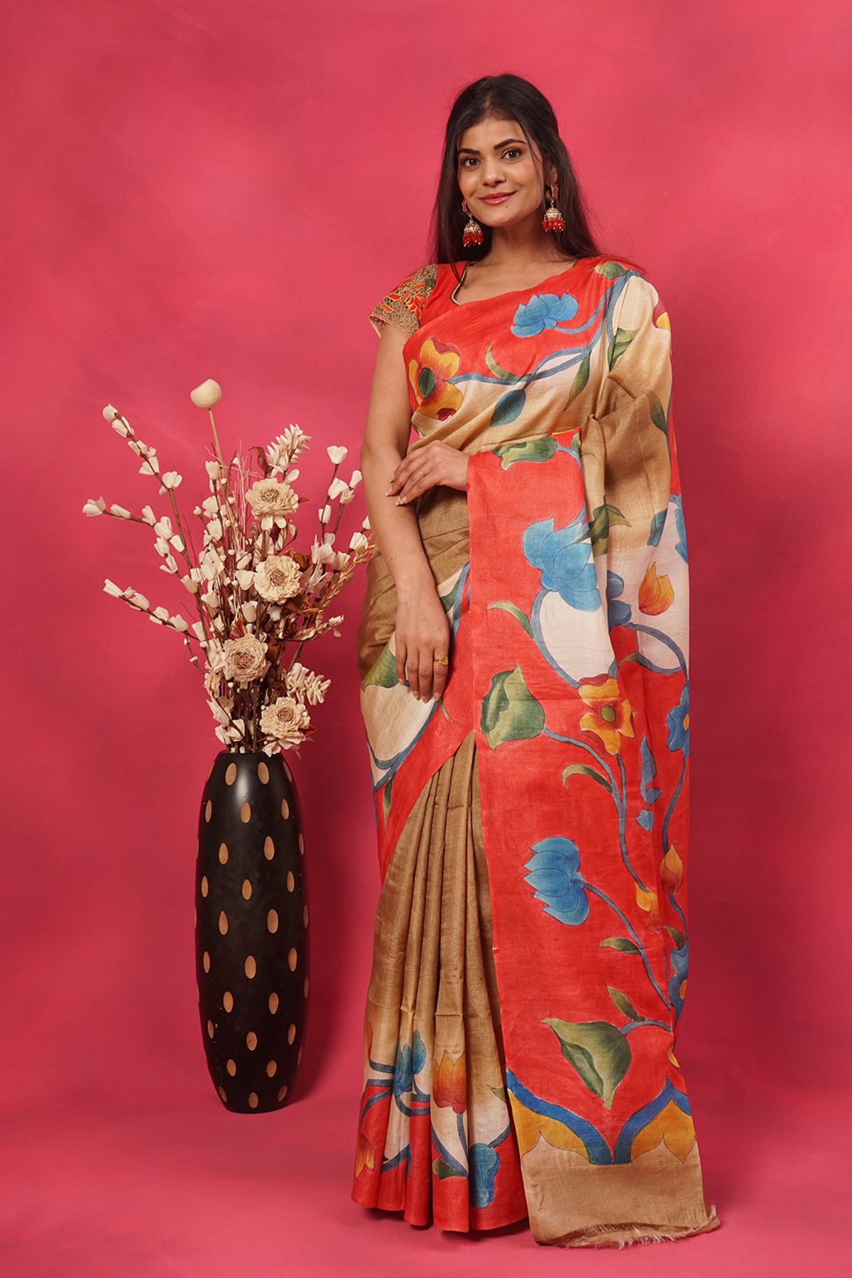 Dark Gold Floral Printed Tussar Silk Saree