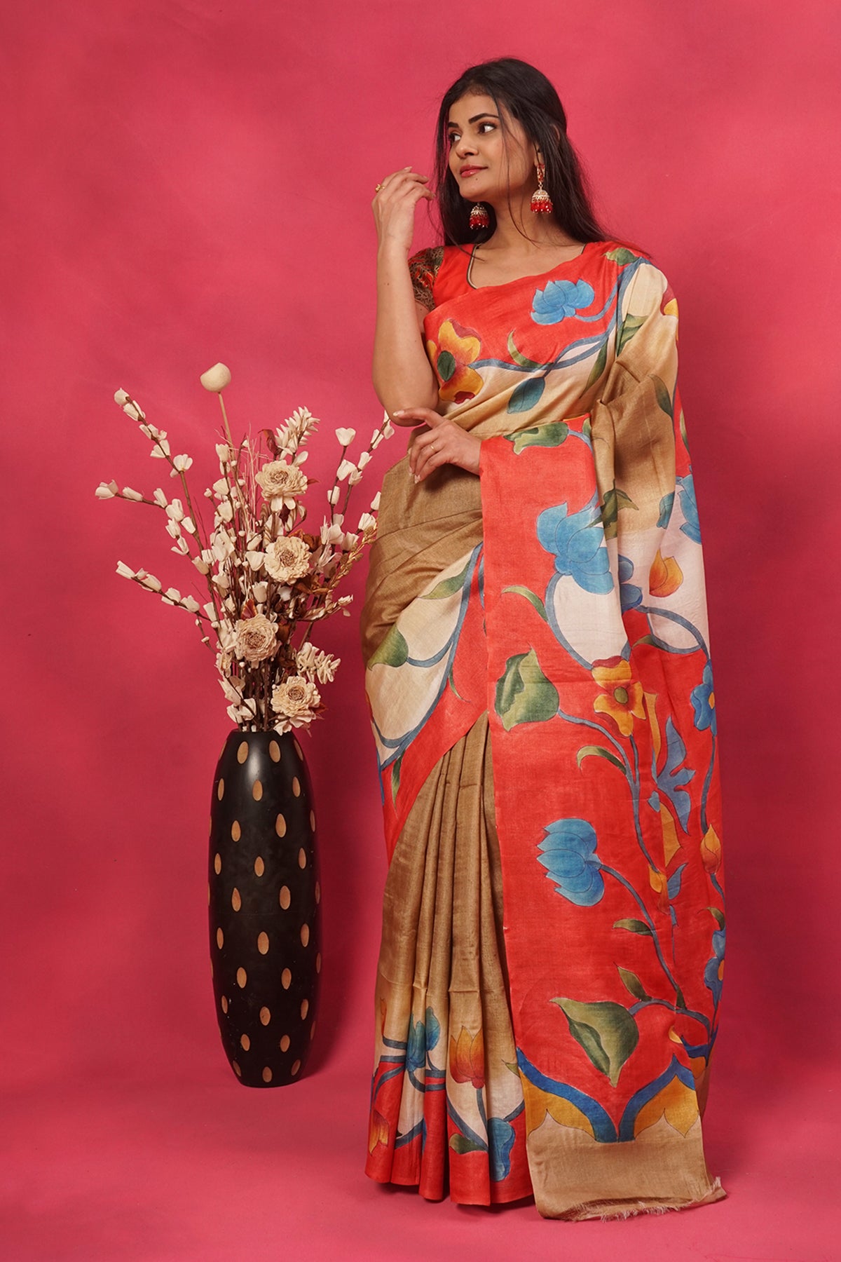 Dark Gold Floral Printed Tussar Silk Saree