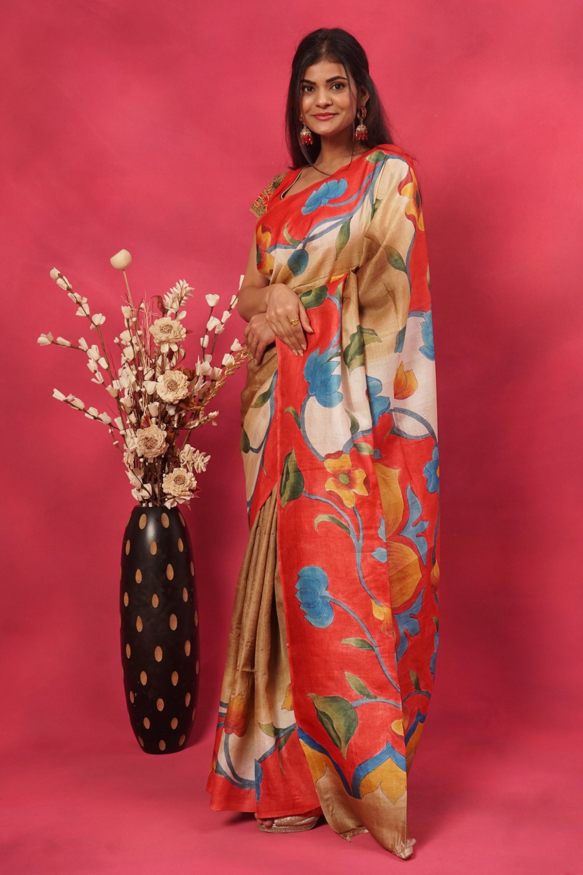 Dark Gold Floral Printed Tussar Silk Saree