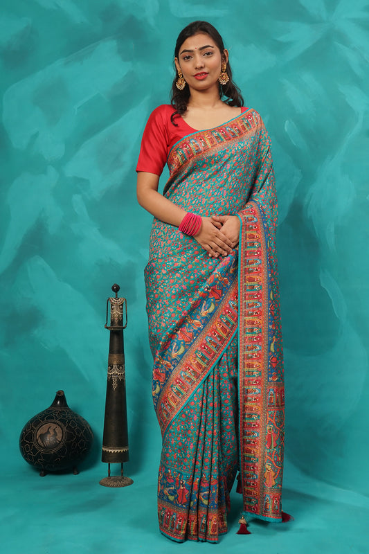 Peacock blue silk viscose saree