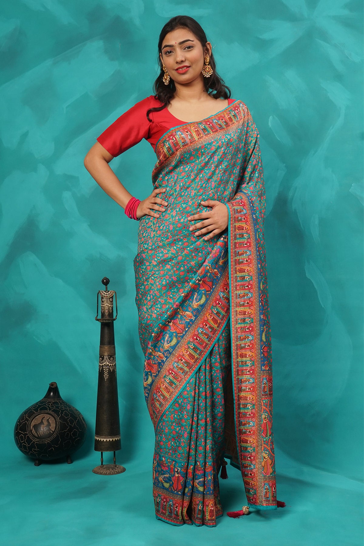Peacock blue silk viscose saree