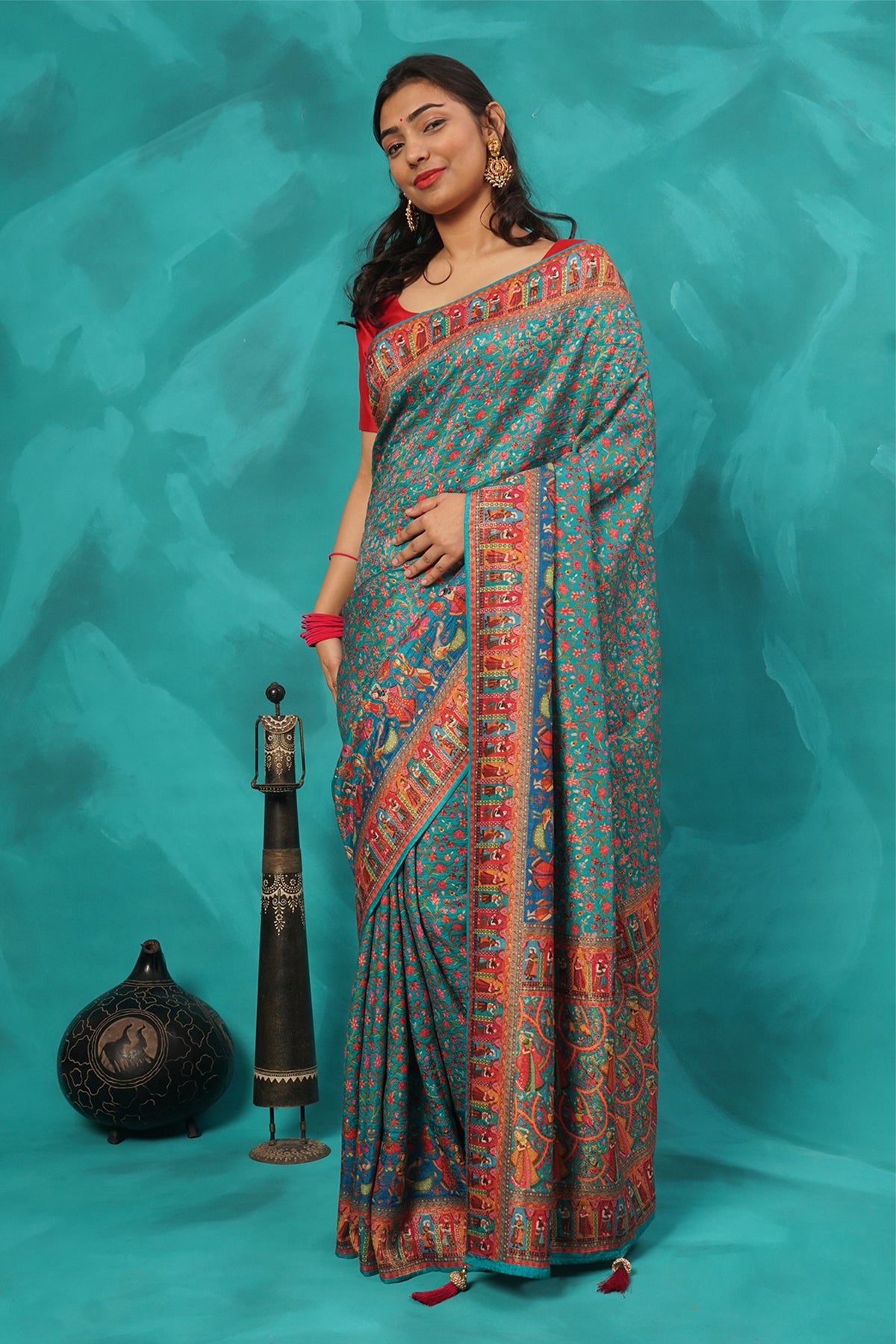 Peacock blue silk viscose saree
