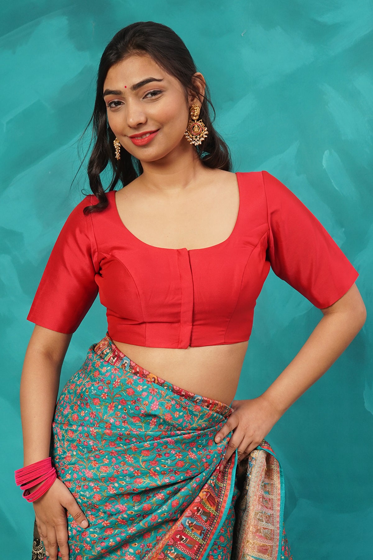 Red silk cotton elbow sleeve blouse
