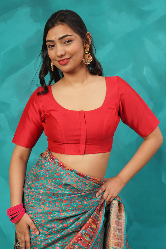 RED SILK COTTON ELBOW SLEEVE BLOUSE