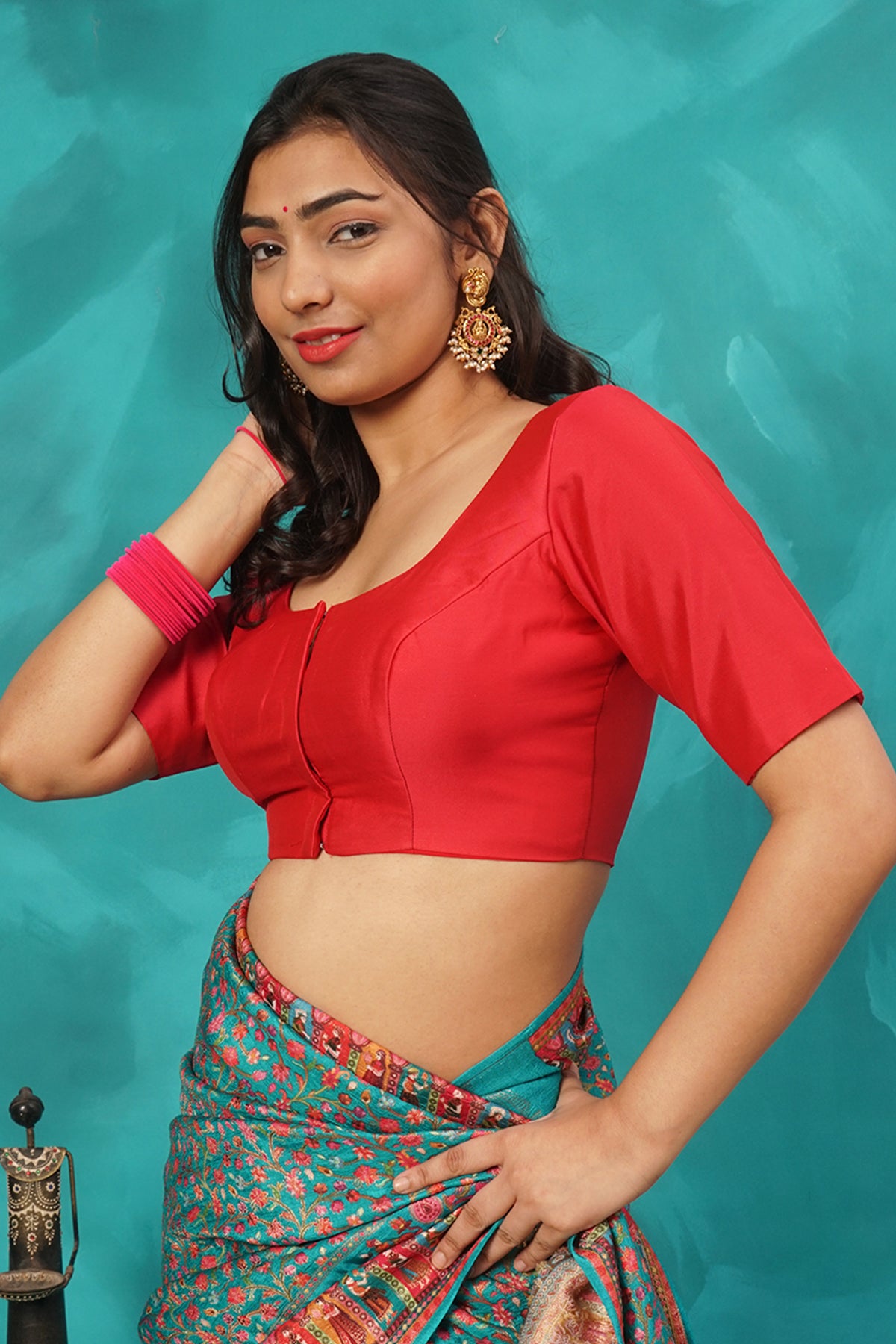Red silk cotton elbow sleeve blouse