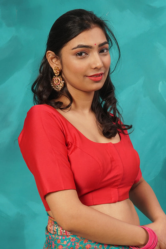 RED SILK COTTON ELBOW SLEEVE BLOUSE