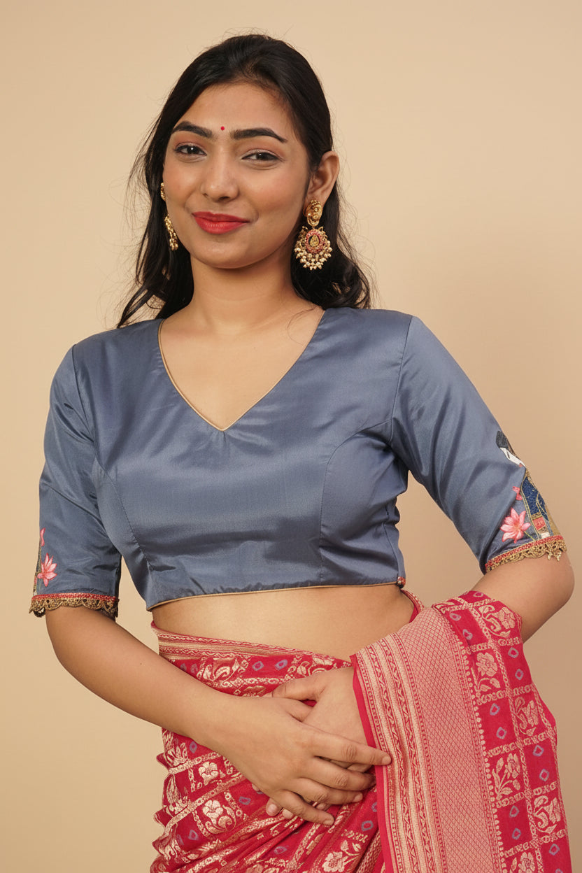 Grey Silkcotton Hand Painted Designer Blouse