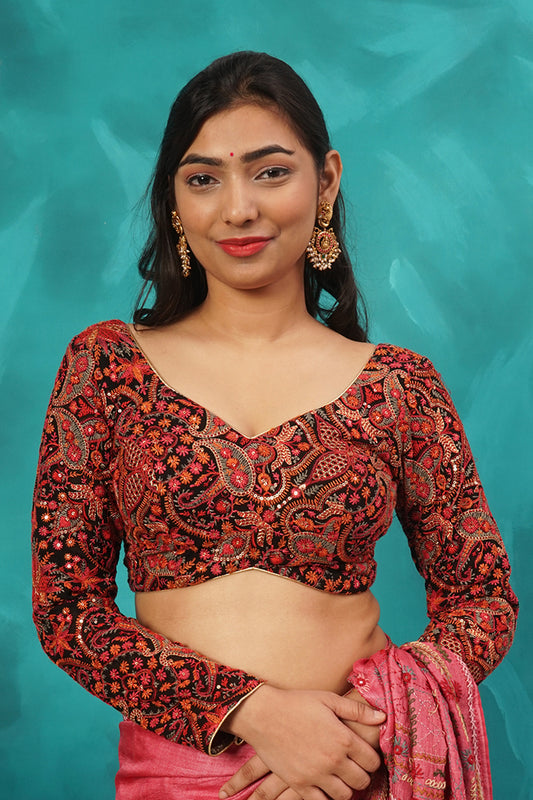 BLACK EMBROIDERY FULL SLEEVE DESIGINER BLOUSE.