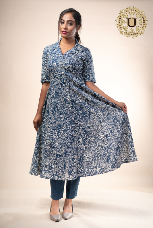 BLUE PRINTED SOFT COTTON FLARED LONG KURTI