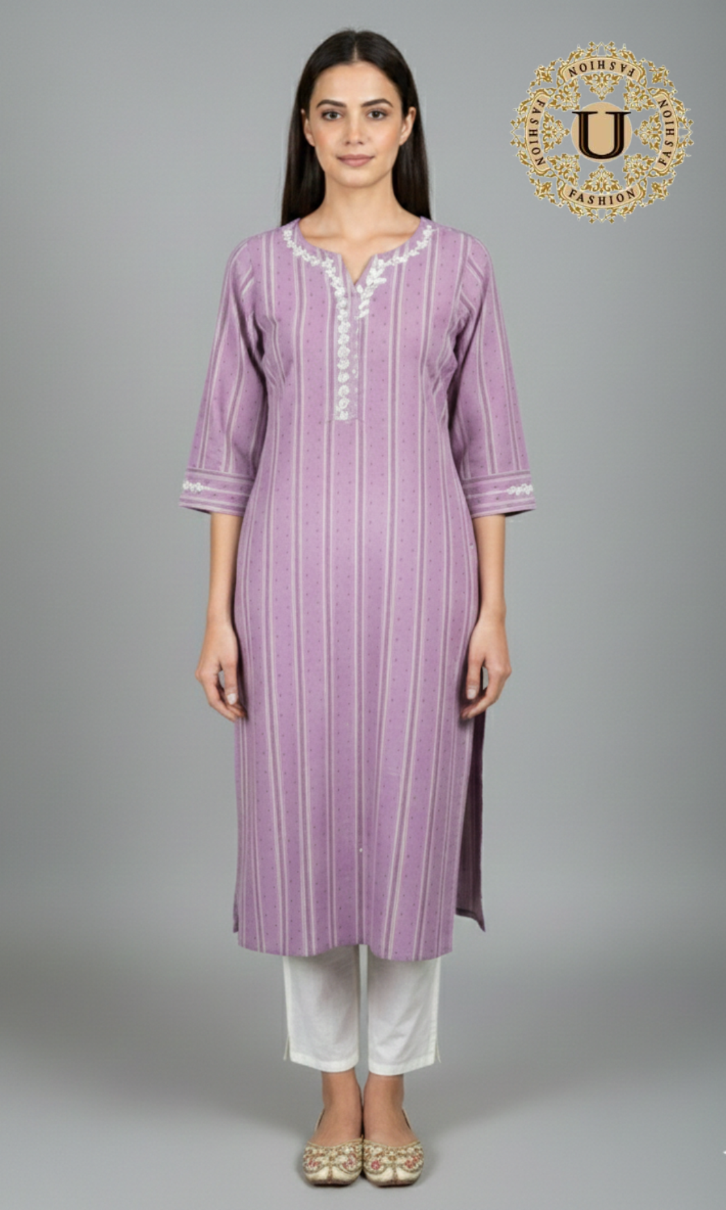 Levender Cotton Dori Embroidered Long Kurti