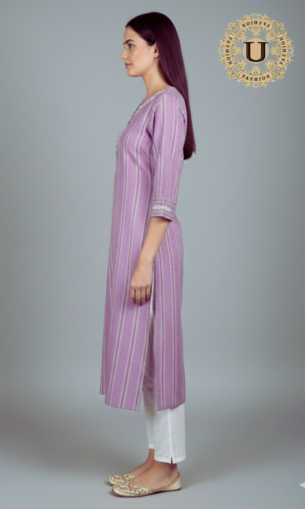 Levender Cotton Dori Embroidered Long Kurti