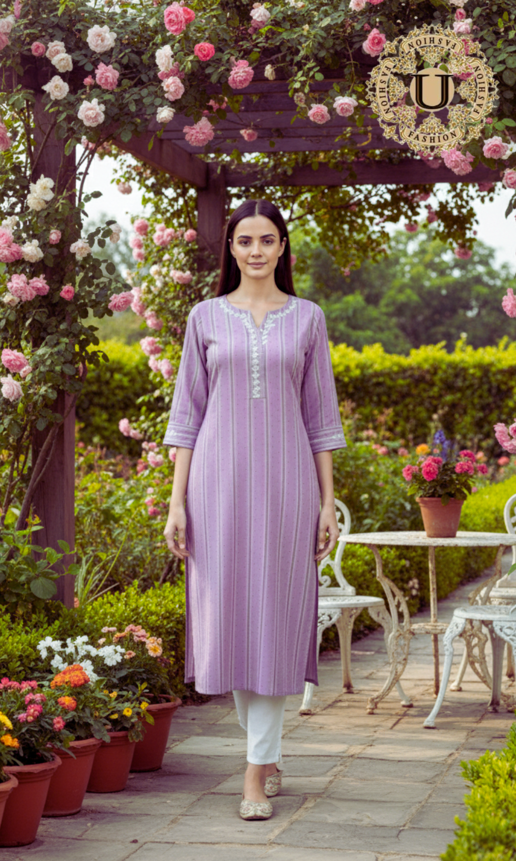 Levender Cotton Dori Embroidered Long Kurti